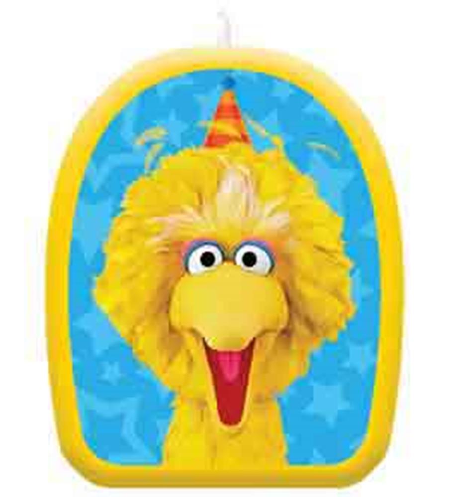 Yellow Big Bird birthday candle with blue background and party hat, rounded rectangular shape.