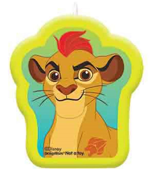 Lion Guard character candle with yellow border and red tuft of hair, cartoon style.