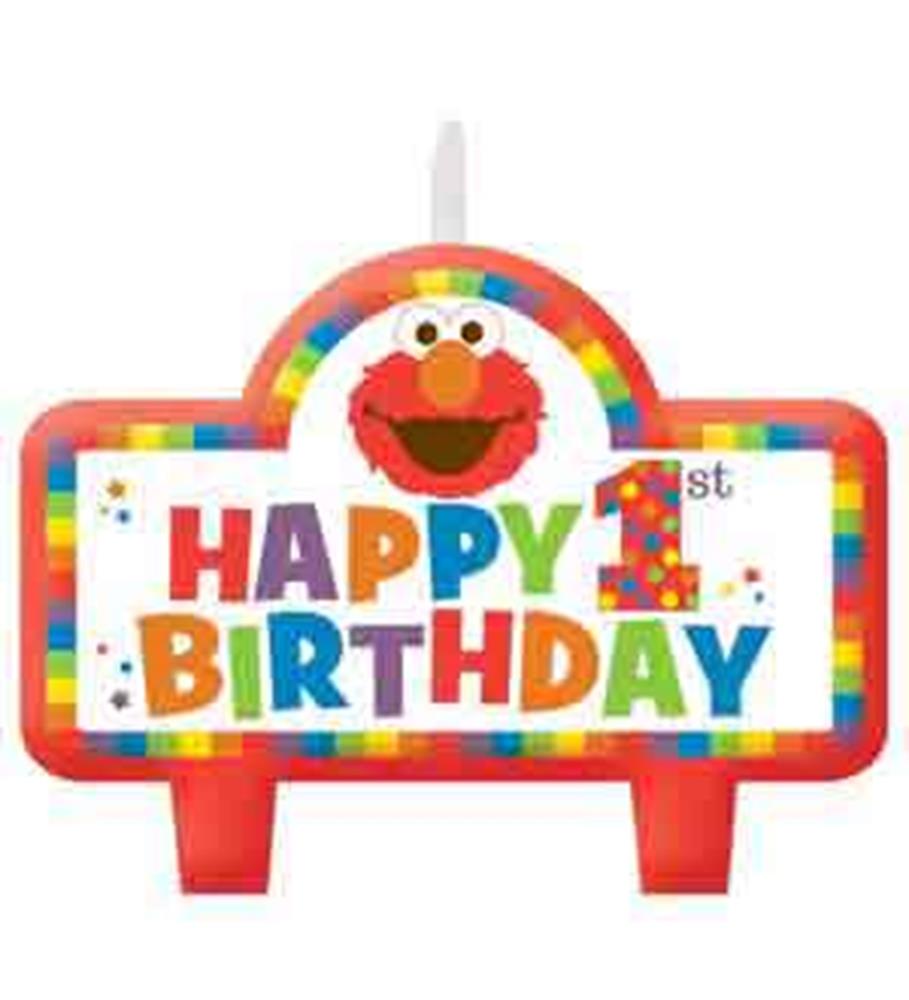 Elmo-themed birthday candle with colorful "Happy 1st Birthday" text and multicolor border.