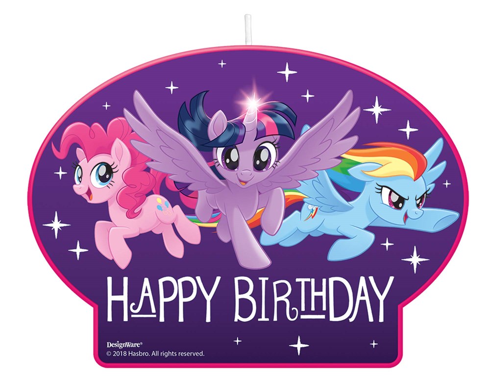Purple birthday candle featuring Pinkie Pie, Twilight Sparkle, Rainbow Dash, and white "Happy Birthday" text.