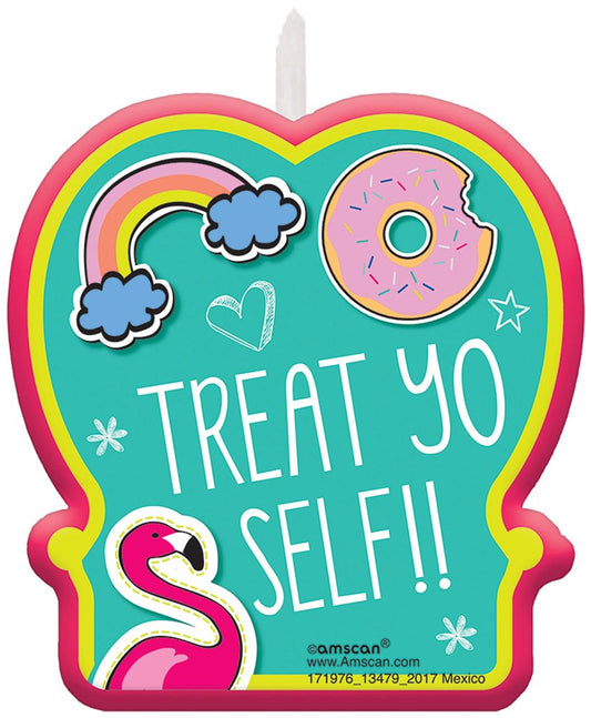 Multicolored birthday candle with rainbow, donut, flamingo, and "Treat Yo Self!!" text design.
