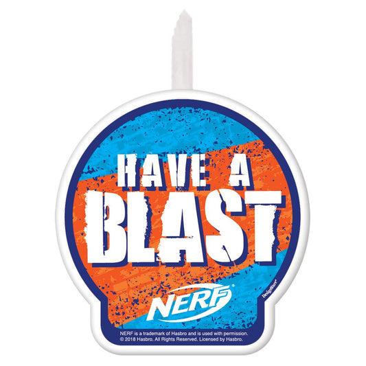 Round birthday candle with blue and orange background, white text saying "Have a Blast" and Nerf logo.