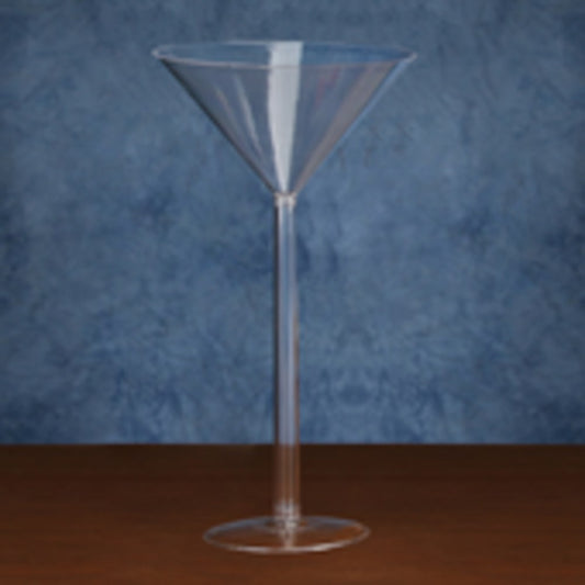 Clear plastic martini glass with a tall, slender stem and wide, conical bowl on a flat base.