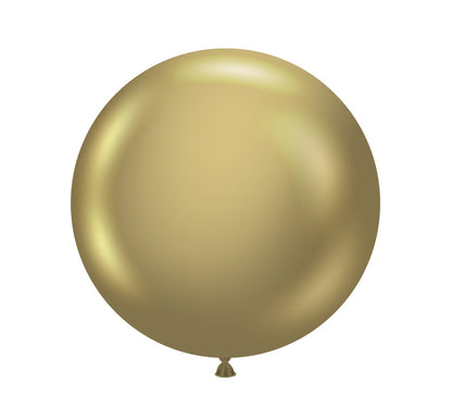 Large round latex balloon in shiny metallic gold color with a tied end.