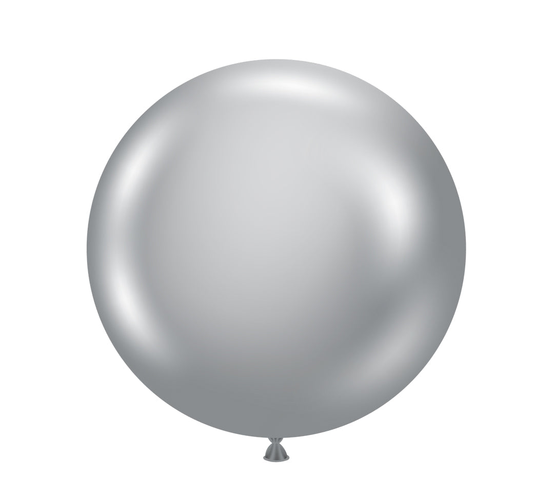 Round 17-inch glossy silvery latex balloon with smooth surface and tied end.