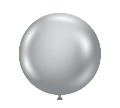 Round 17-inch glossy silvery latex balloon with smooth surface and tied end.