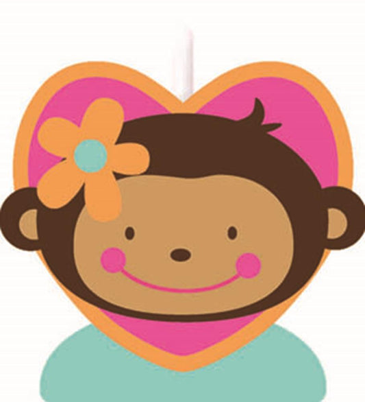 Cute brown monkey face cake candle with pink cheeks and orange flower on ear, heart background.