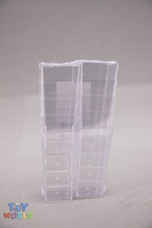Clear square plastic dessert cups, 1.5 x 1.5 x 3.25 inches tall, stacked in a set of 10.