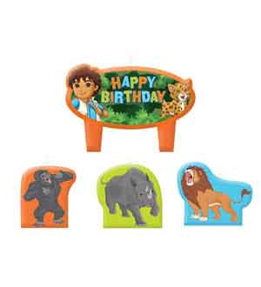 Happy Birthday cake topper with Diego and animal characters including gorilla, rhino, and lion designs.