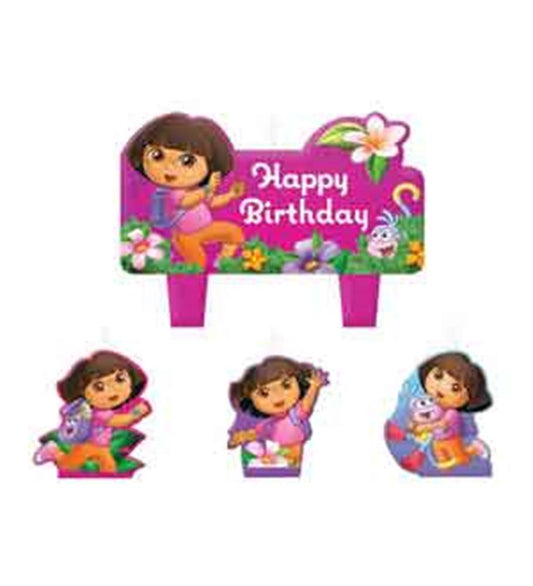 Dora the Explorer birthday candles featuring Dora with flowers, holding a gift, and waving next to a pink "Happy Birthday".