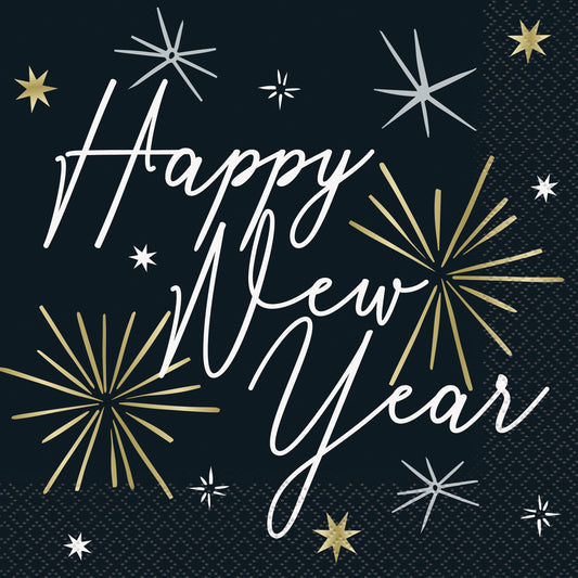 Black paper napkin with white "Happy New Year" script and gold and silver fireworks designs.