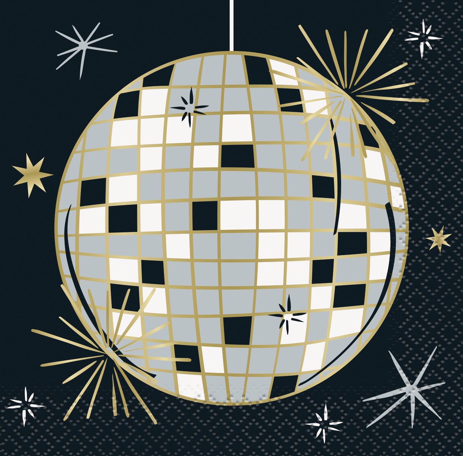 Square New Year luncheon napkin with silver and gold disco ball design on black background with starbursts.