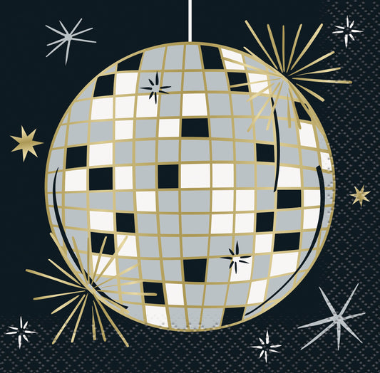 Square New Year luncheon napkin with silver and gold disco ball design on black background with starbursts.