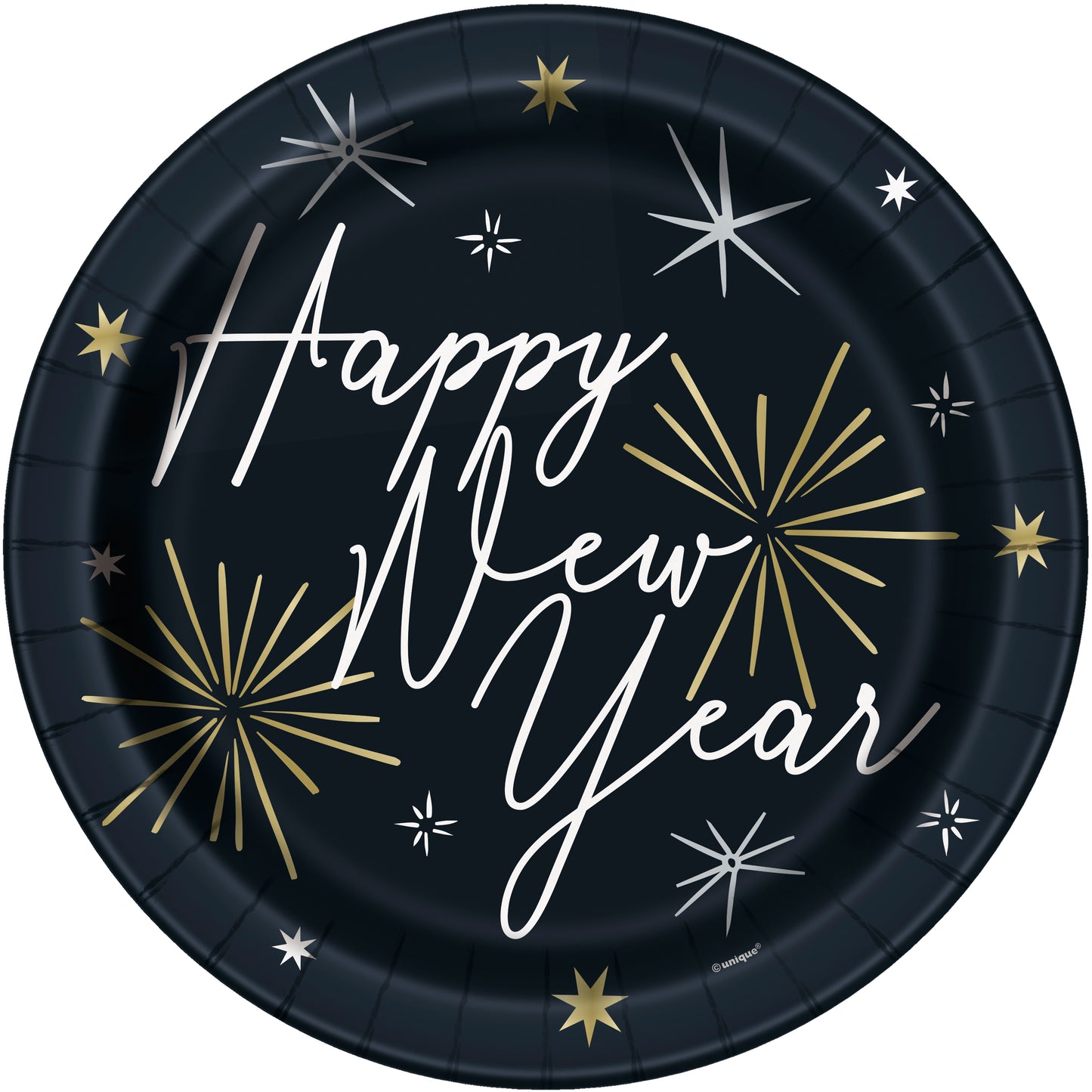 Black 9-inch round paper plate with "Happy New Year" in white script and gold and silver starburst designs.
