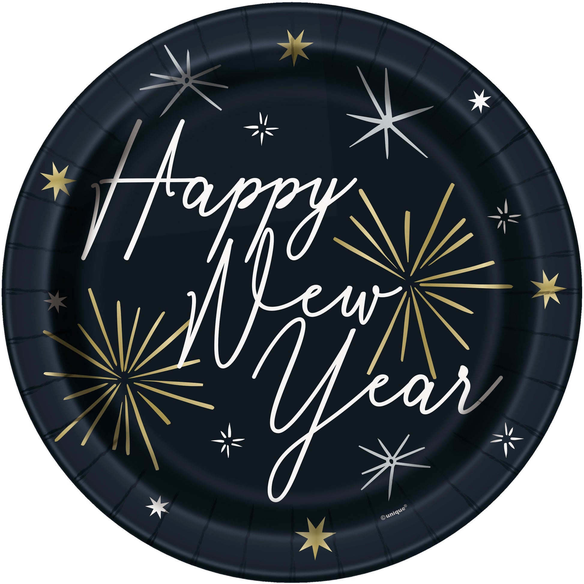 Black 9-inch round paper plate with "Happy New Year" in white script and gold and silver starburst designs.