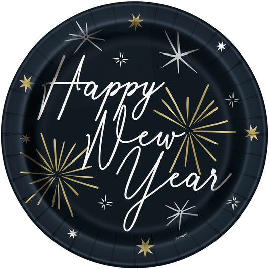 Black 9-inch round paper plate with "Happy New Year" in white script and gold and silver starburst designs.