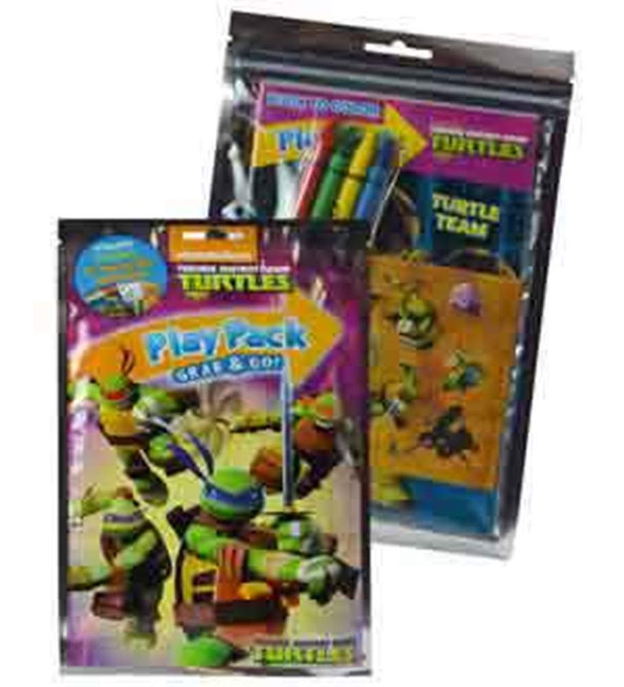 Teenage Mutant Ninja Turtles themed grab-and-go play pack with crayons, stickers, and activity sheets in colorful packaging.