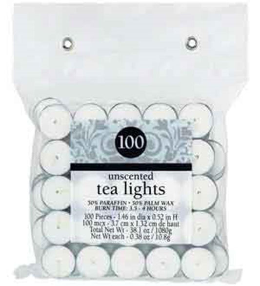 Pack of 100 white unscented tealight candles in clear plastic tray with decorative label.
