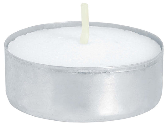 Single unscented white tealight candle in a small silver metal cup with unlit wick.
