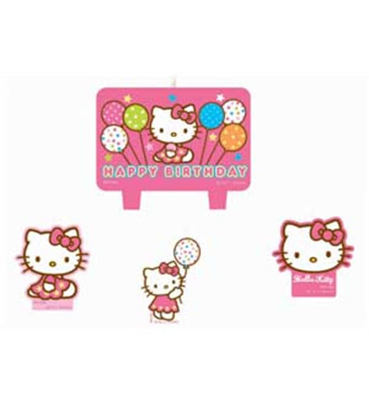 Four Hello Kitty-themed birthday candles with Hello Kitty characters and colorful balloons on a pink background.