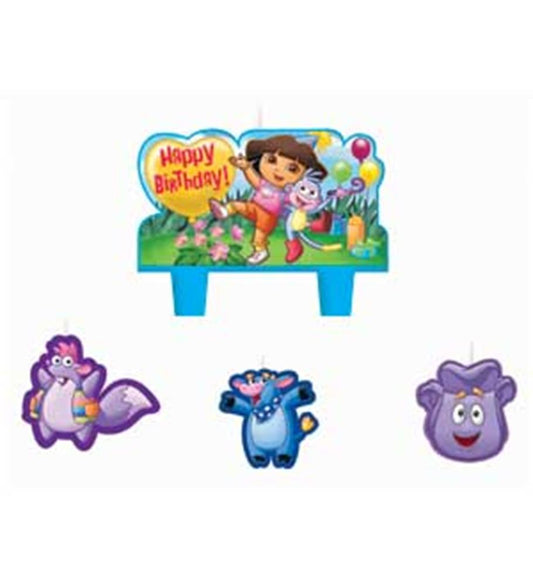Dora the Explorer birthday candle with blue holder plus three purple character candles.