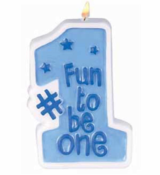 Blue number one birthday candle with raised text "Fun to be one" and star decorations, lit flame.