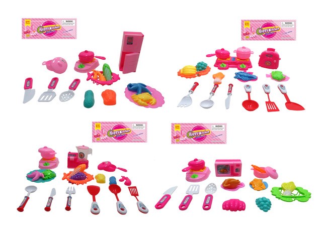 Colorful plastic kitchen play set with utensils, toy pots, pans, and food pieces in bright pink, green, red, and purple.