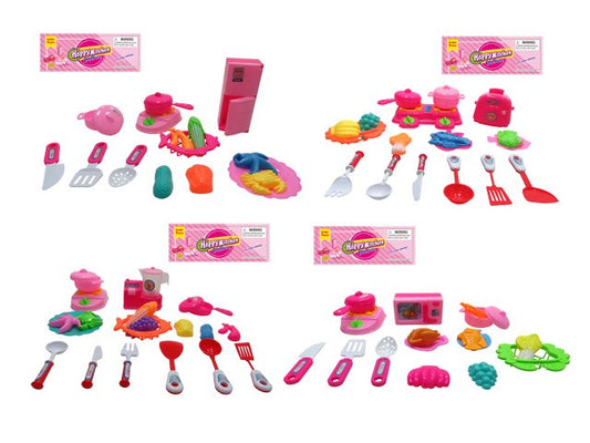 Colorful plastic kitchen play set with utensils, toy pots, pans, and food pieces in bright pink, green, red, and purple.