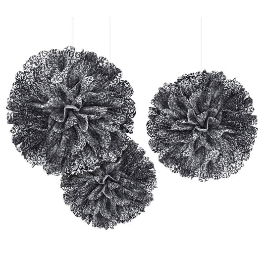 Three black scroll lace fluffy decorative pom-poms hanging at varying heights.