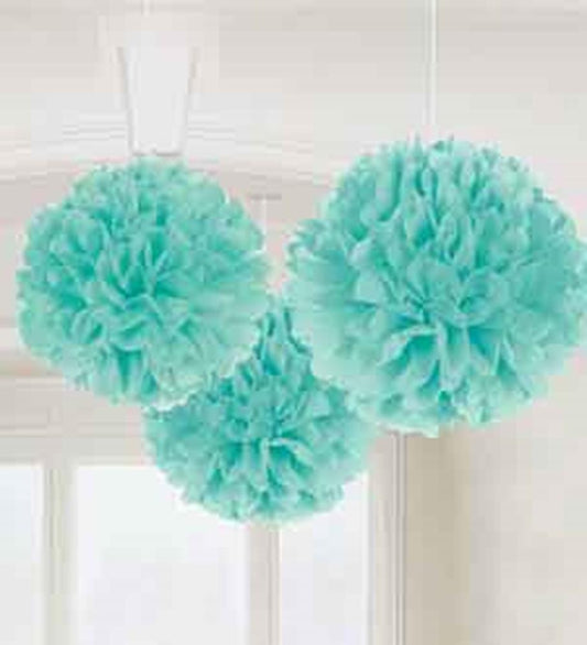 Set of three fluffy tissue paper pom-poms in robin's egg blue hanging decoration.
