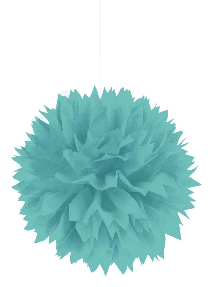 Robins egg blue tissue paper pom pom decoration with layered ruffled design.