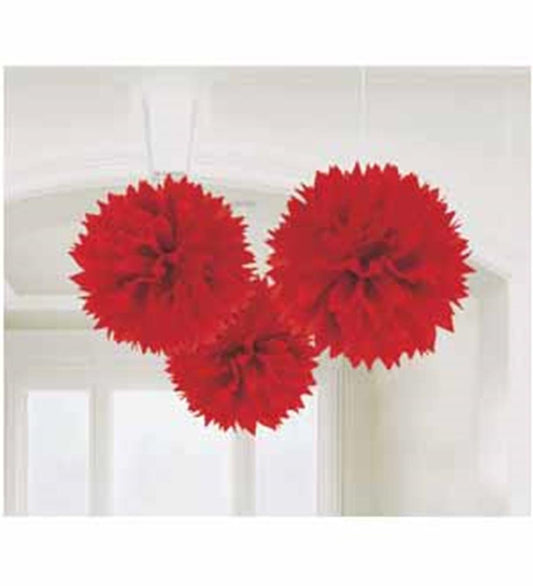 Three red fluffy pom-pom decorations hanging from white strings, each about 16 inches in diameter.