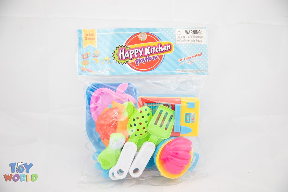 Colorful plastic kitchen play set with utensils, cups, and plates in mesh bag packaging.