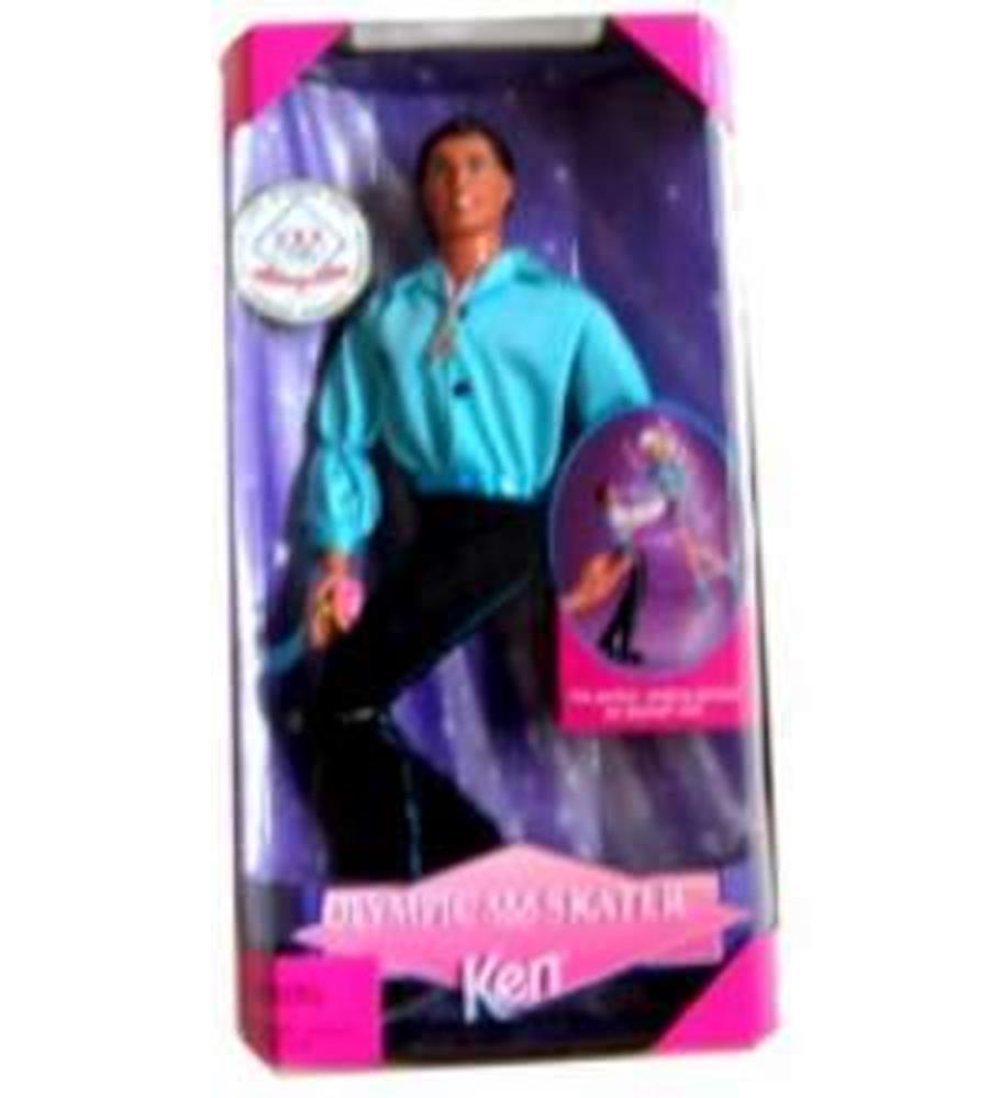 Ken doll dressed as an Olympic skater with turquoise jacket and black pants in original packaging.
