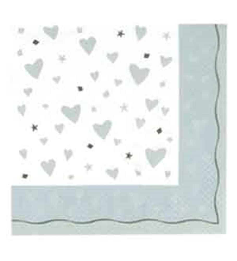 White square napkins with pale blue hearts and stars, bordered by a light blue edge with a wavy black line.