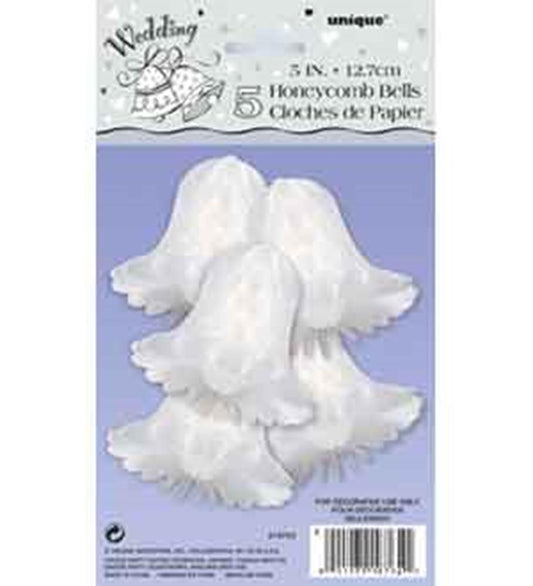 Set of five white paper bell-shaped honeycomb decorations, 5 inches tall, with scalloped edges for wedding decor.