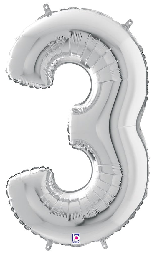 Betallic Number 3 Silver 34 inch Shaped Foil Balloon Packaged 1ct