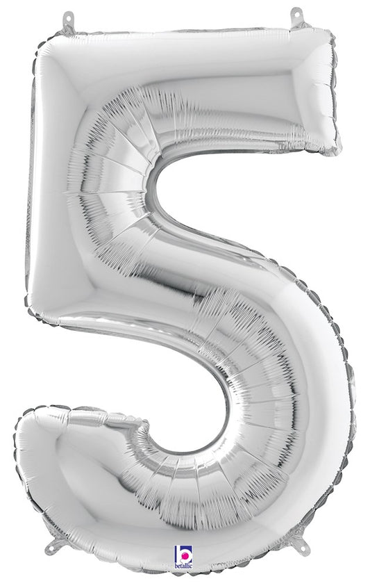 Betallic Number 5 Silver 34 inch Shaped Foil Balloon Packaged 1ct