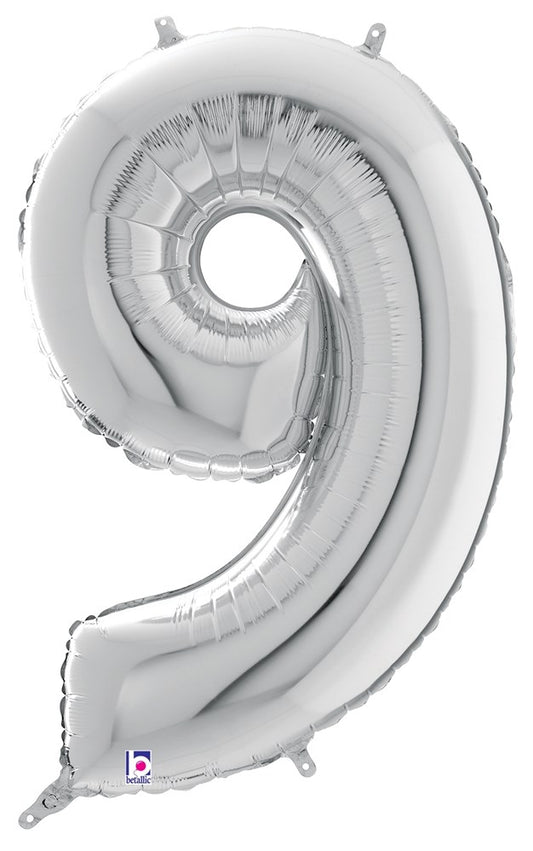 Betallic Number 9 Silver 34 inch Shaped Foil Balloon Packaged 1ct