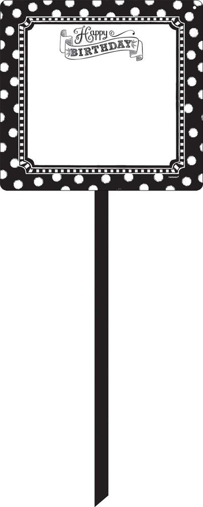 Black and white yard sign with polka dot border and "Happy Birthday" text at the top.