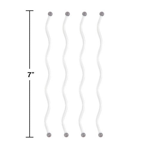 Set of four 7-inch clear plastic wavy drink stirrers with rounded ends.