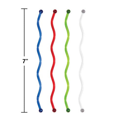 Set of four translucent wavy drink stirrers in blue, red, green, and clear, each 7 inches long with rounded ends.