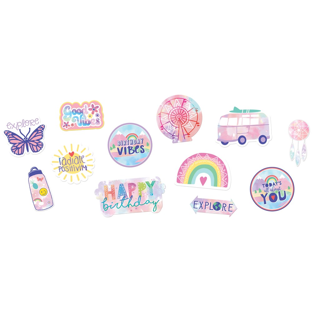 Colorful birthday-themed cutout stickers featuring rainbows, a ferris wheel, a camper van, butterflies, and cheerful phrases