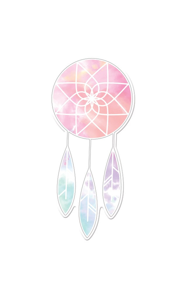 Pink and white circular dreamcatcher with three pastel-colored feathers hanging below.