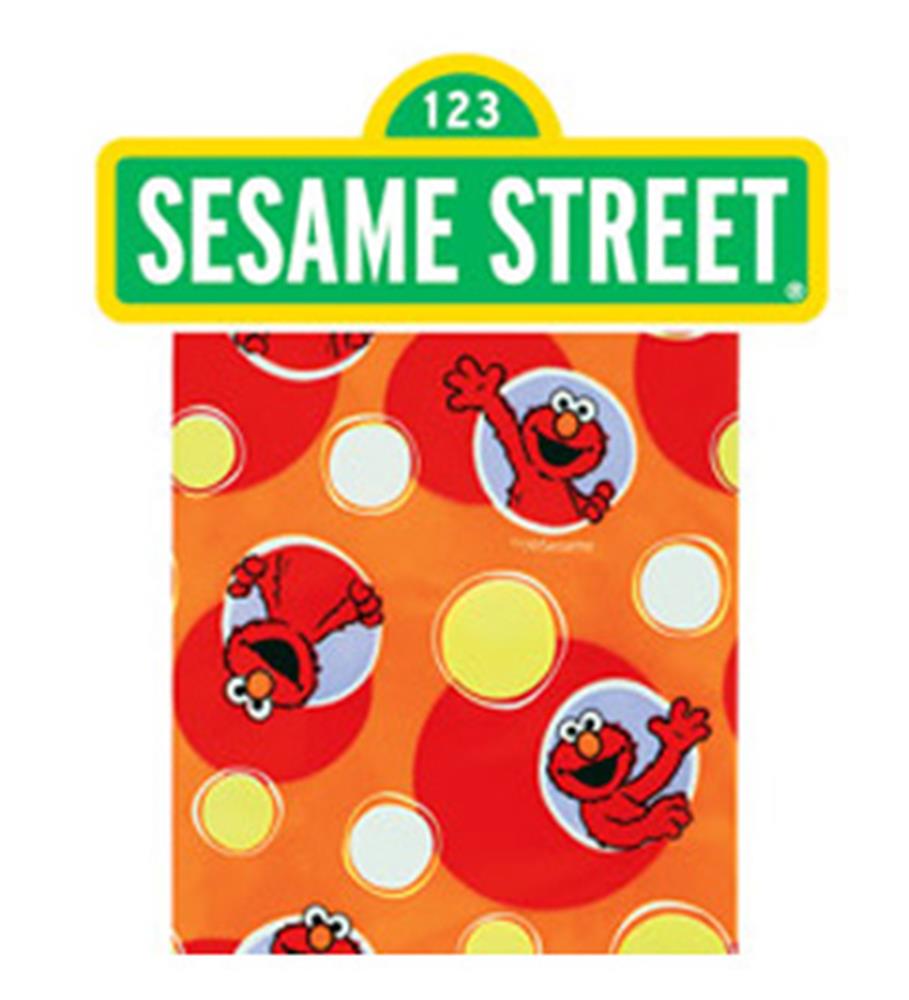 Orange cello bag with red Elmo faces and yellow and white polka dots, Sesame Street themed.