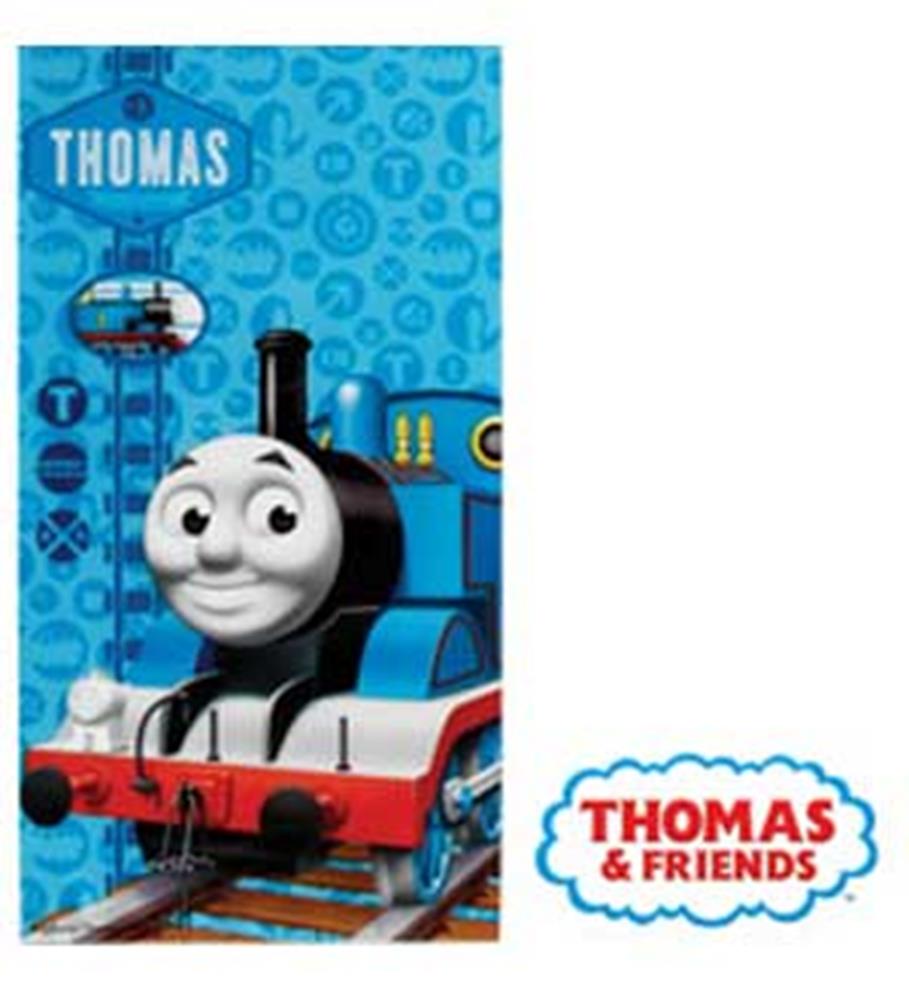 Blue drawstring bag featuring Thomas the Tank Engine face and railway-themed background design.