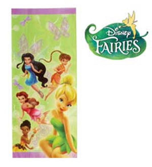 Green cello bag featuring Disney Fairies characters Tinker Bell and friends with butterfly accents and purple border top.
