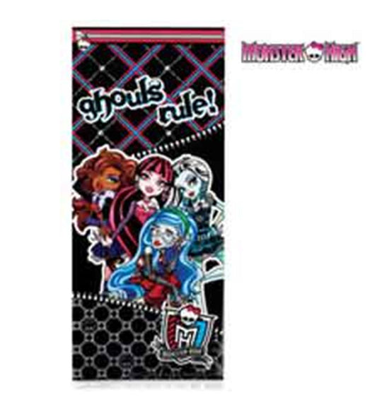 Black Monster High treat bag featuring colorful cartoon characters and "Ghouls rule!" text in white and pink.