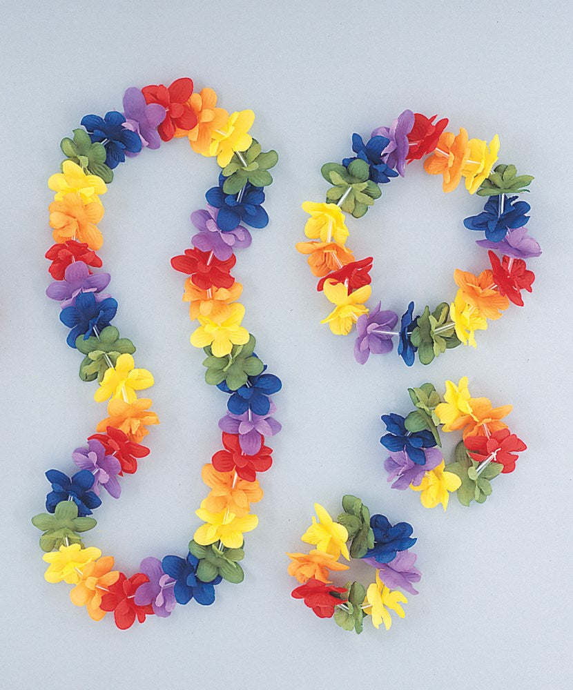 Four-piece set of colorful fabric flower leis in red, yellow, blue, green, and purple for festive wear.