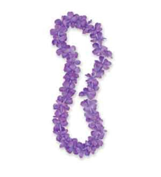 Purple artificial flower lei with densely packed petals, 40 inches long for festive wear.